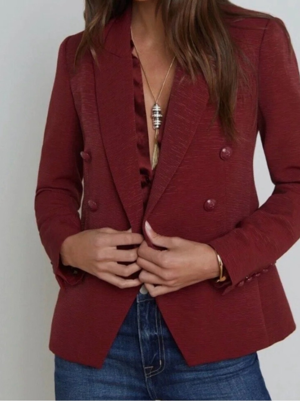 L'AGENCE Kenzie Double-Breasted Burgundy Blazer